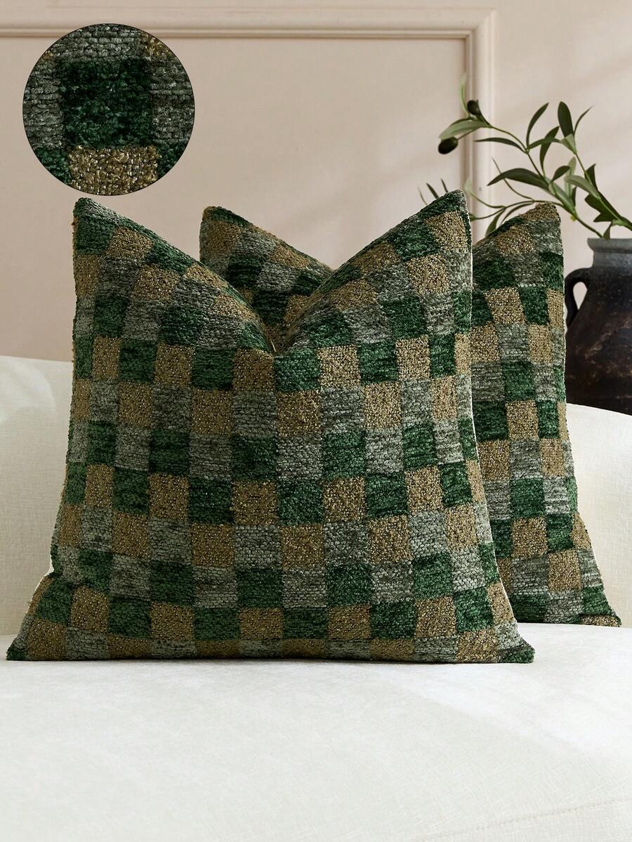 Classic Black White Grey Checkered 3D Textured Cushion Case, Neutral Geometric Pillowcase For Sofa Couch Living Room Bedroom Home Decor 18x18 Inch - Green - View 1