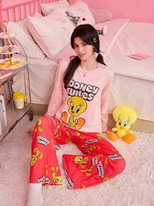 Noctvar OBM Sleepwear X LOONEY TUNES 聯名女士睡衣，翠鳥印花長袖長褲睡衣套裝 - 彩色 - 查看 3
