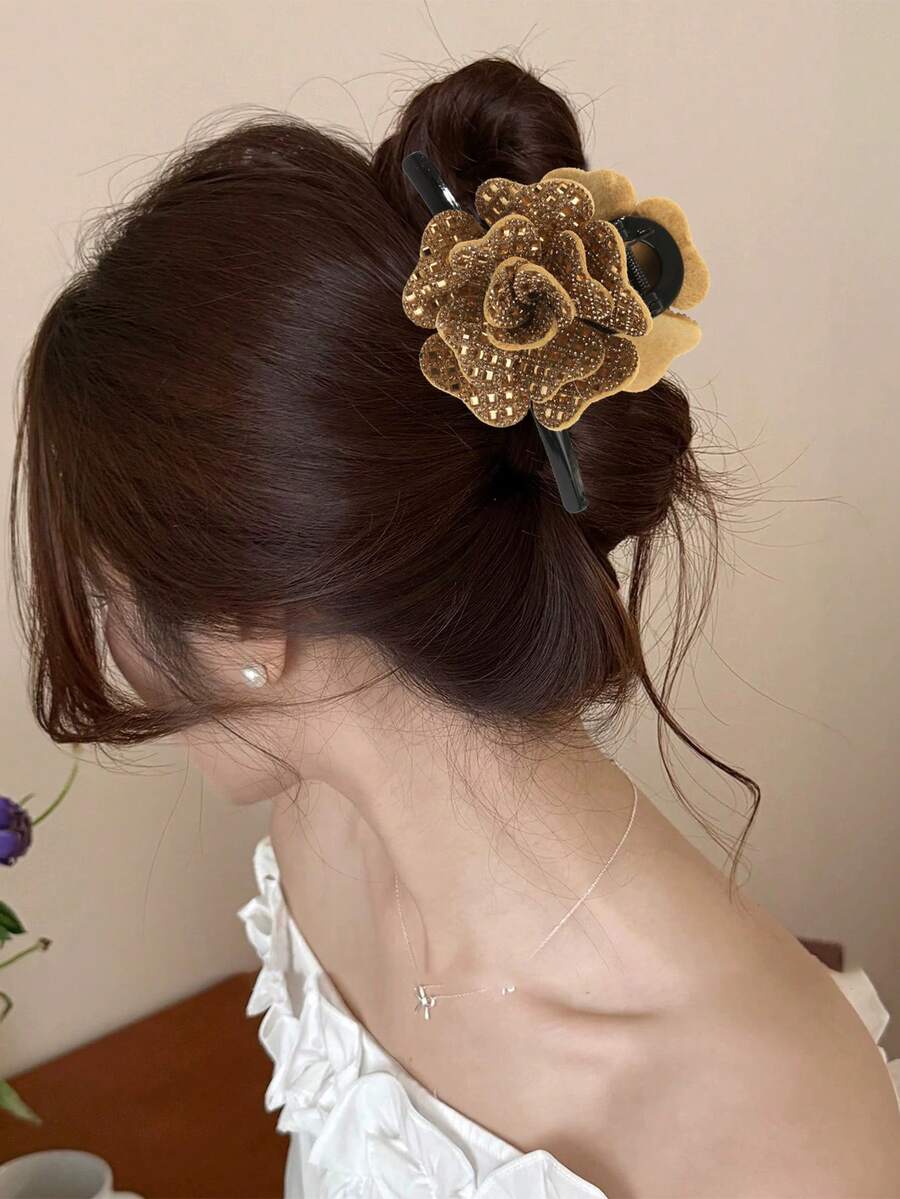 1pc Elegant Crystal Flower Hair Claw Clip For Women - Multicolor - View 1