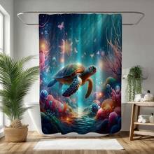 1件装 2D 平面热带海洋海龟浴帘，色彩鲜艳的海洋珊瑚水下生物浴室装饰，彩色水生主题家居饰品，带挂钩，海滩航海设计，美丽的艺术野生动物风景 - 彩色 - 查看 9