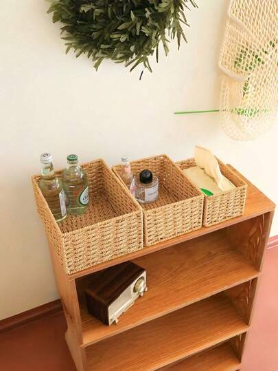 Juego de 3 cestas de almacenamiento tejidas anidadas S/M/L, cestas de almacenamiento decorativas hechas a mano con cuerda de papel, con decoración de encaje, tejido hueco y transpirable, estructura reforzada resistente, estilo rústico, ahorro de espacio y plegables, fáciles de limpiar, adecuadas para estantes, armarios, dormitorios, baños, guarderías, cocinas, oficinas y almacenamiento en el hogar