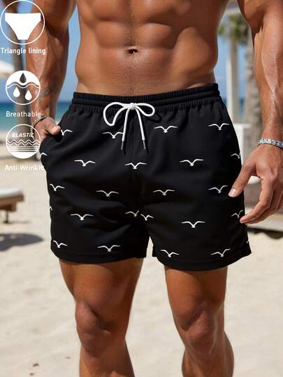 Quần short nam mùa hè in họa tiết, cạp chun, túi chéo, kiểu Hawaii, nhanh khô, lót lưới hai lớp, logo chim mòng biển in 3D, quần bơi thời trang thường ngày cho bãi biển và khu nghỉ dưỡng.