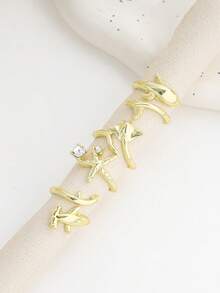 4pcs Fashionable Versatile Rhinestone Starfish Rings, Zinc Alloy Animal Ring Set For Women - Gold - View 5