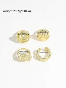 4pcs Fashionable Versatile Seashell & Scallop Zinc Alloy Rings, Multi-Element Stackable Scallop Ring Set For Women - Gold - View 5