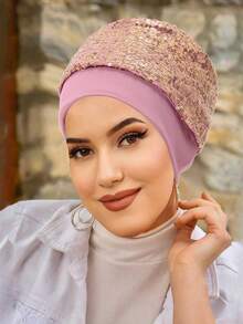 1 chiếc băng đô cài tóc đính sequin kiểu Âu và Mỹ mới về dành cho nữ, mũ len hai lớp co giãn, mũ turban phối sequin vàng thời trang. - Nhiều màu - Xem 9