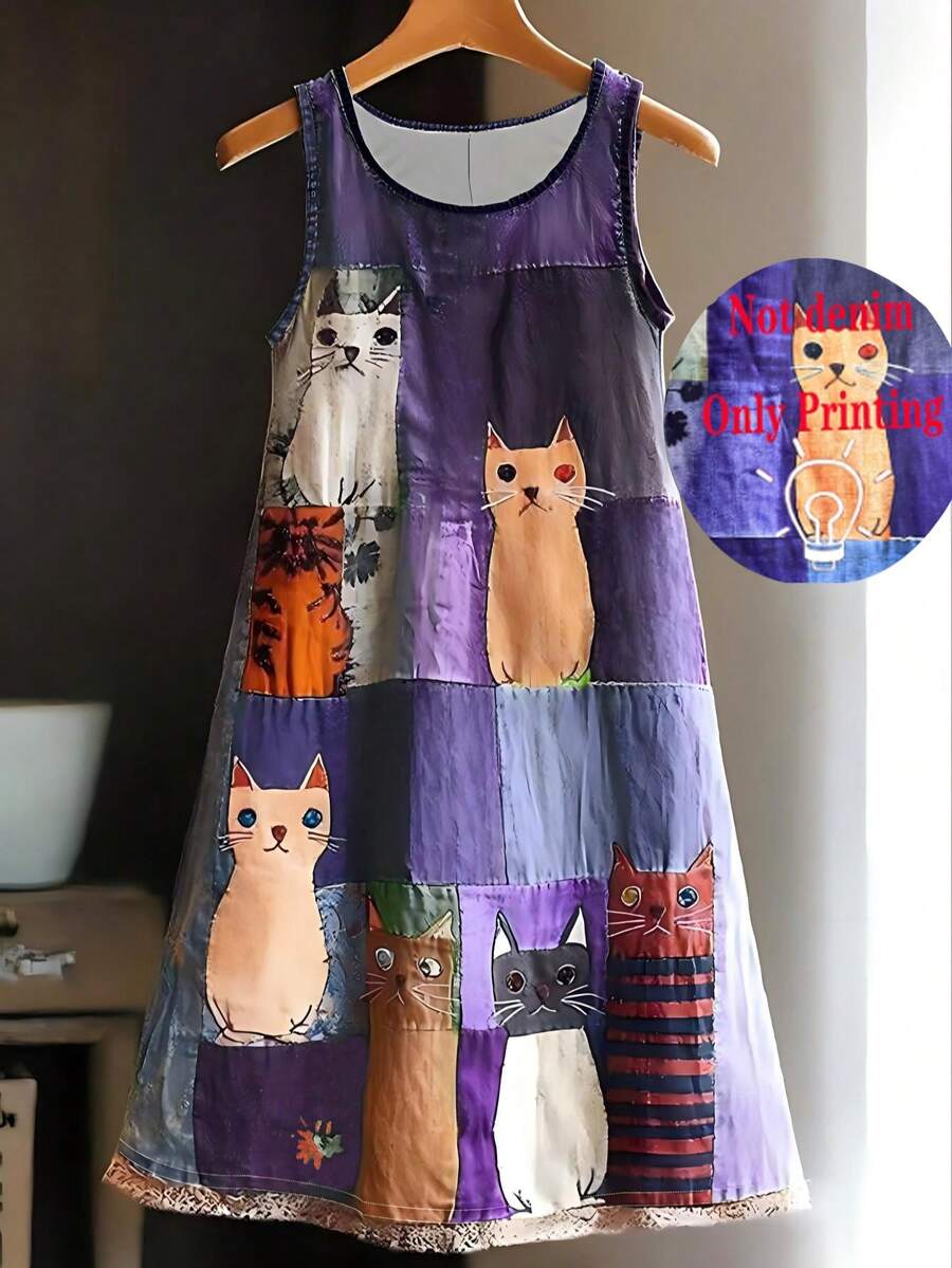 Plus Size Women's Sleeveless Round Neck Cat Print Patchwork Strap Dress, Knit Fabric, Knee-Length A-Line Dress Elegant Summer - Purple - View 1