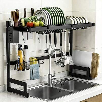 Giá để đồ nhà bếp đặt trên bồn rửa, có ngăn đựng dao, giá đựng dụng cụ, móc treo, giá đựng đồ dùng vệ sinh, giá phơi đồ bằng kim loại không dùng điện, đế hút chắc chắn - Kệ đựng thớt và dụng cụ nhà bếp.