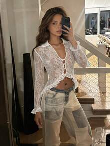 Summer Vintage Lace Sheer Top, Sexy & Fashionable, Lightweight, Stretchy, Fitted, Bold & Avant-Garde White - White - View 1