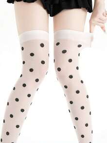 1 Pair White Polka Dot Thigh High Socks, Fashionable Sexy Stockings For Stylish Ladies, Spring/Summer - Multicolor - View 4