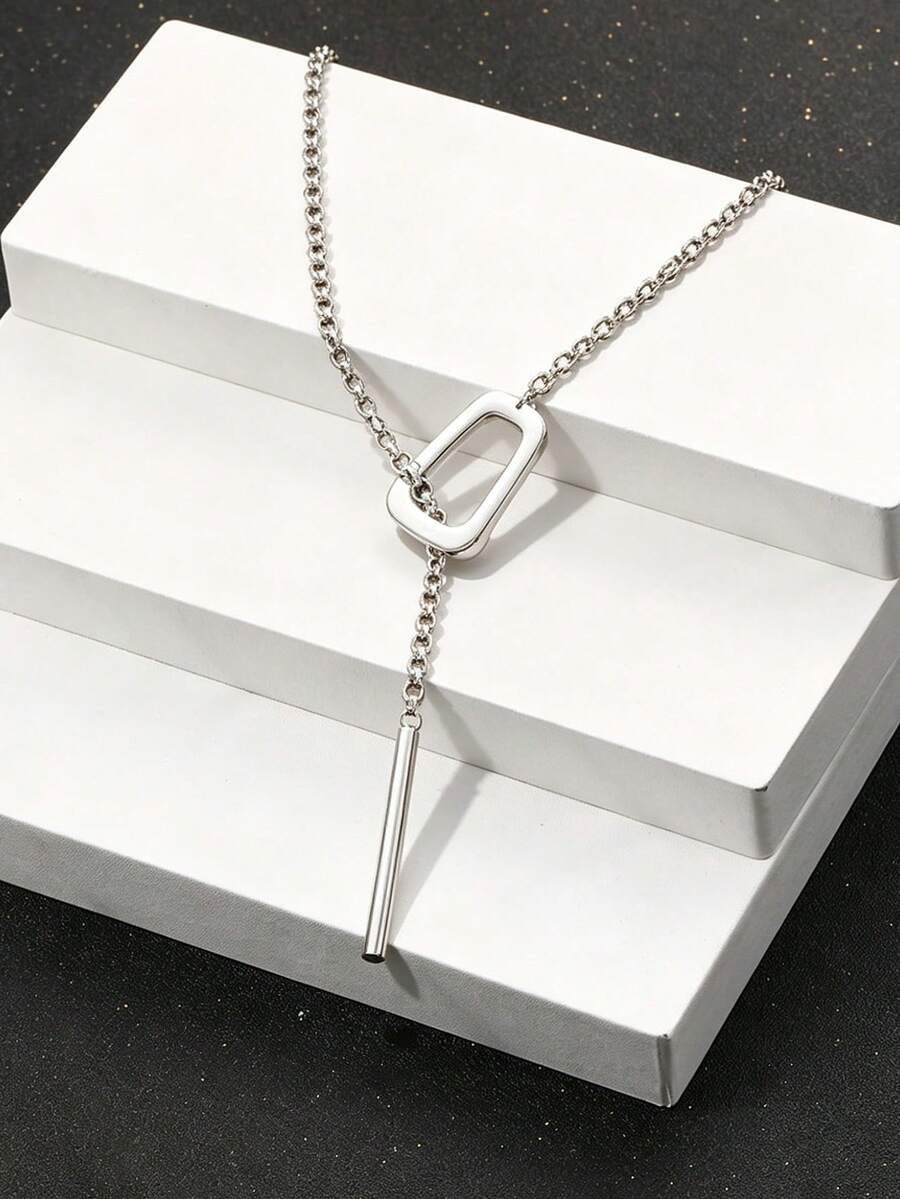 1 pieza Collar gargantilla de metal plateado grueso con cadena geométrica hueca cuadrada ajustable, anillo cuadrado exagerado abierto, cierre antideslizante, adecuado para uso diario, vacaciones y fiestas de los hombres - Plateado - Ver 1