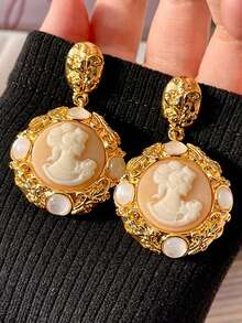 1 Paar Vintage Kamee Hängeohrringe für Frauen - Damenprofil Relief & Opalakzente, romantischer Statement-Schmuck für Hochzeit & Abendgarderobe - Gold - Übersicht 7