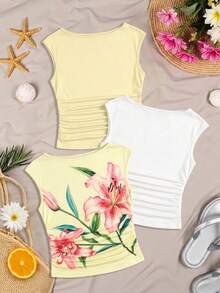 Damen Rundhals Plissee Ärmellos Camisole Tops, inklusive Blümchen und einfarbig, geeignet für Frühling zum Kombinieren im lässig Sommer - Verschiedenfarbig - Übersicht 11