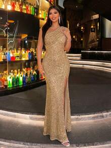 CHOSMO 优雅金色亮片不对称领口长款舞会礼服，带开衩和短袖，女士款 - 香檳色 - 查看 11