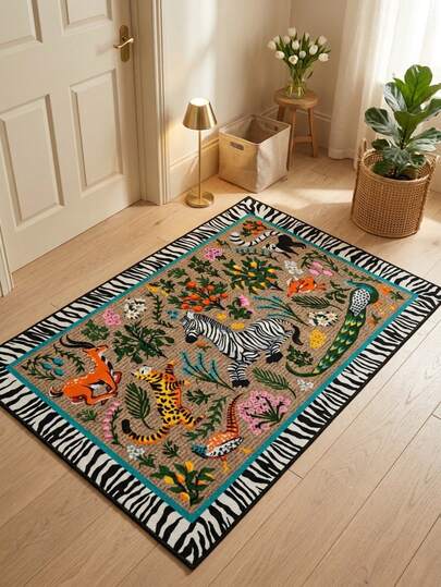 1pc Rug/Carpet/Bath Mat/Door Mat, American Retro Tropical Animal Plant Zebra Pattern, Suitable For Bathroom, Kitchen, Entrance, Hallway, Bedside, Living Room, Bedroom, Machine Washable Soft Mat, Aesthetic Home Decor