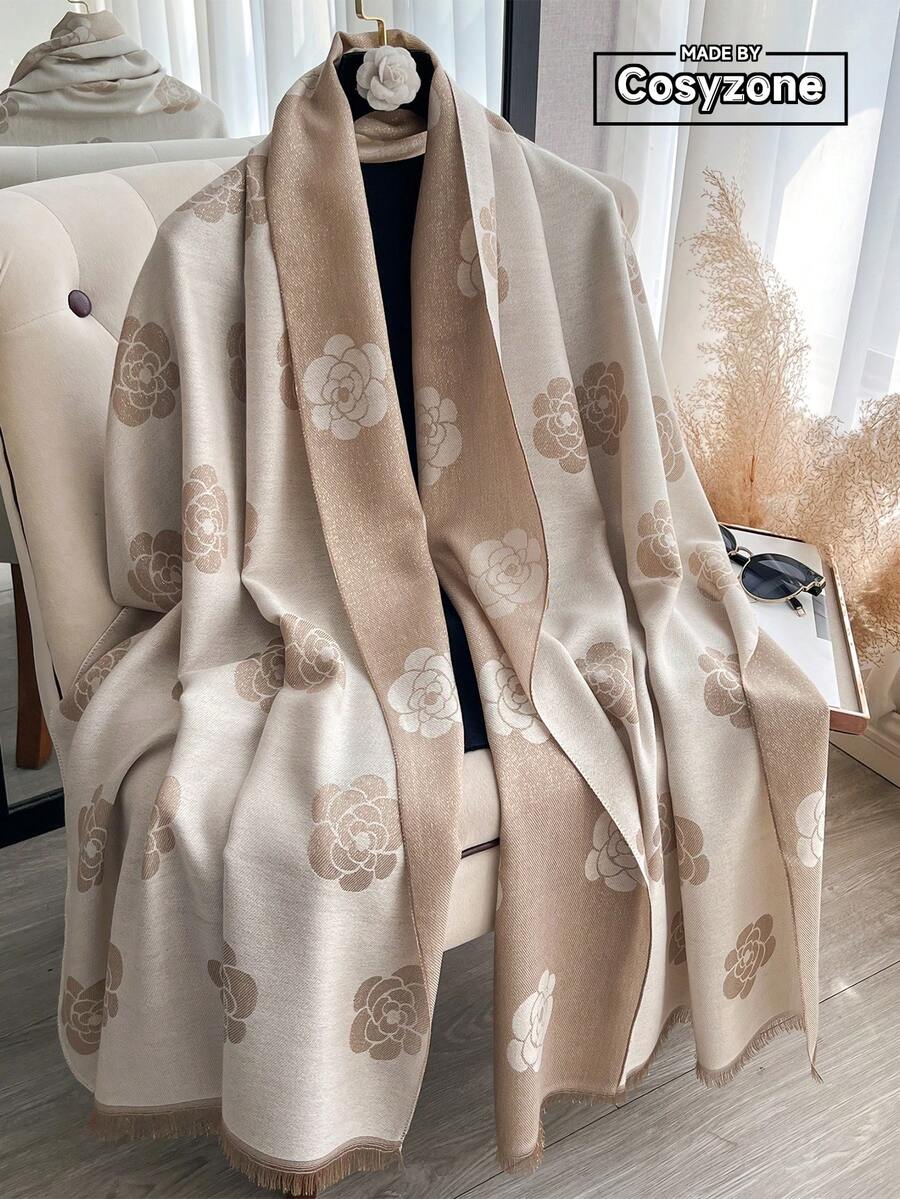 1pc Elegant Camellia Flower Jacquard Gold Thread Scarf, Women's Versatile Air-Conditioned Room Shawl, Spring/Autumn Outerwear Sunscreen Decorative Scarf, Suitable For Daily Matching And Outdoor Use - Multicolor - View 1