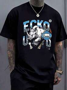 Men's 220g 100% Cotton ECKO UNLTD Iridescent Rhino Graphic T-Shirt,And Breathable Men's Sportswear, Suitable For Everyday Wear,Outings, Commuting. - 黑色 - 查看 16