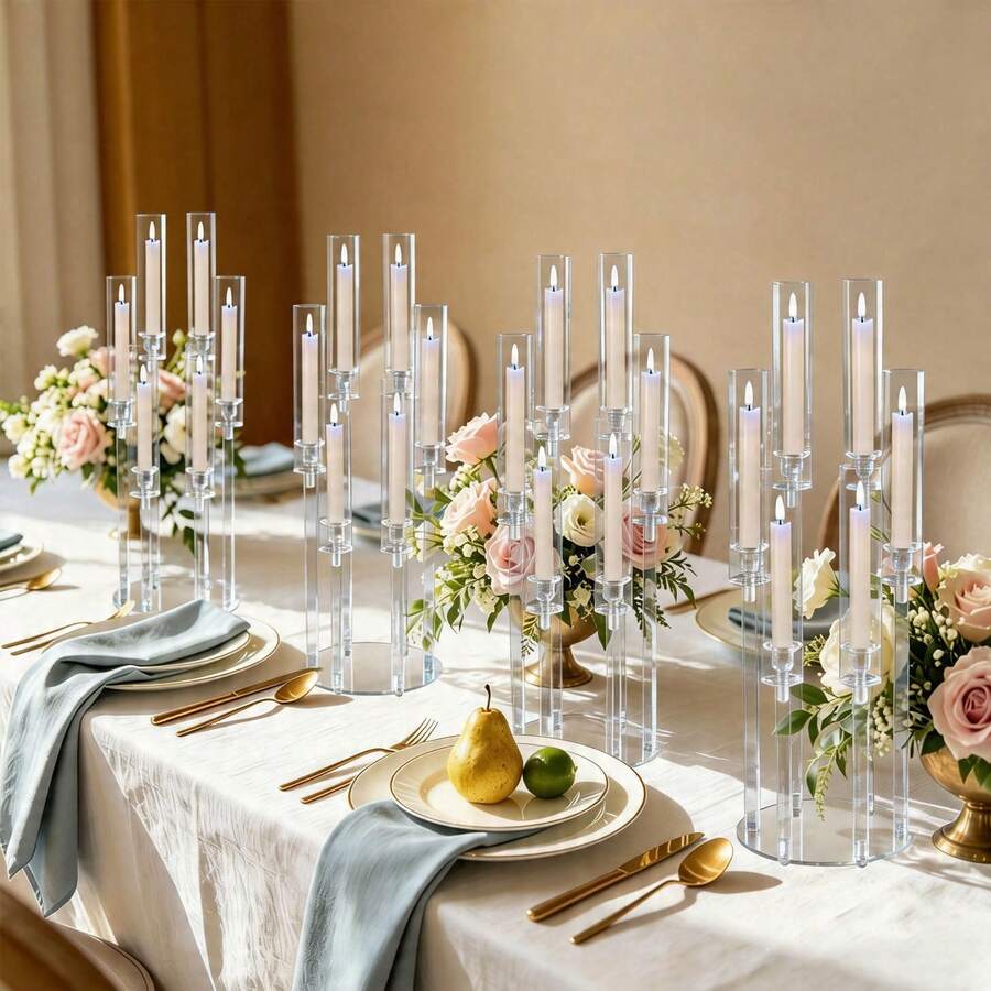 4pcs 6Arm Acrylic Candle Holder Table Centerpiece For Weddings ,26.8inch Candlestick Stands Tall Floral Centerpieces For Home Decor,Birthday Party ,Fireplace ,Mother's Day Decorations,Fit 0.8" Led Candles,No LED Candles Included - 透明 - 查看 1
