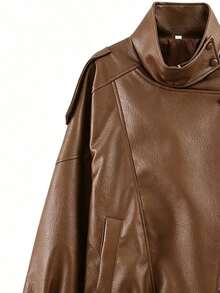 Women's Elegant Vintage Street Motorcycle Style Faux Leather Jacket, Stand Collar Zip-Up Jacket, Autumn Casual , Vacation - Redwood - View 10