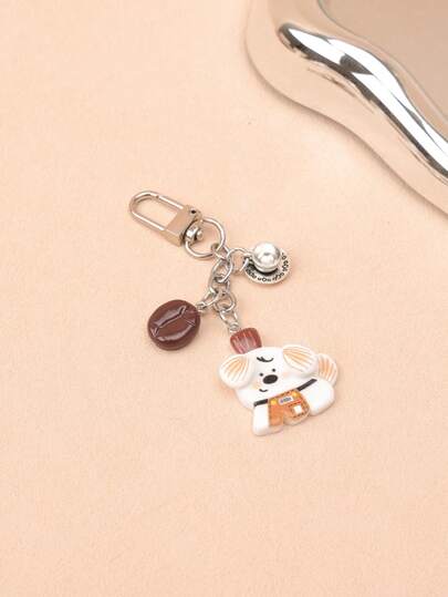 1件男女通用树脂卡通小狗动物吊坠，咖啡杯和咖啡豆装饰，可爱宠物情侣包包挂饰