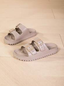 Fashion Women's EVA Thick Sole Elevated One-Piece Molded Stable Indoor Home Soft Comfortable Student Suitable Women's Shoes Double Buckle Adjustable Outdoor Wear Fashion Work Travel Beach Shopping Adventure Loose Walking Shock-Absorbing Slippers - Light Brown - View 3