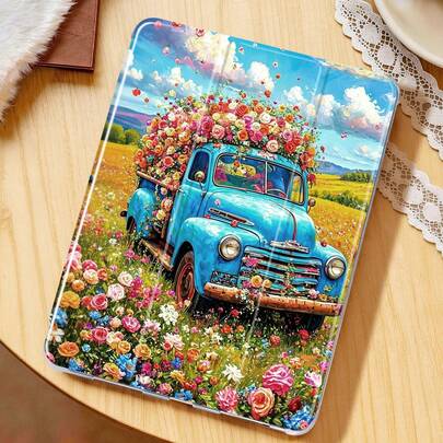 1件装玫瑰花和蓝色汽车图案彩绘平板电脑保护套，兼容iPad Mini4/Mini5/Mini6/Mini7/Air/Air2/9.7/10.2/10.5/Air4/Air5/10.9/Pro 11英寸/第十代/Air 11英寸(M2)-2024/Pro 11英寸(M4)-2024/Air 11英寸(M3) 2025/(A16) 11英寸第十一代 2025/Air 8(M4)2026(11英寸)，Galaxy Tab A8 10.5英寸 2022。包含笔槽、三折支架、TPU软边保护、磁吸式睡眠/唤醒功能，简约/创意/趣味/个性化设计。