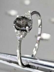 1 pieza Anillo elegante de mujer decorado con cristal de circonita gris brillante, adecuado para compromiso, regalo para familia/amigos/pareja, unisex - Plateado - Ver 3