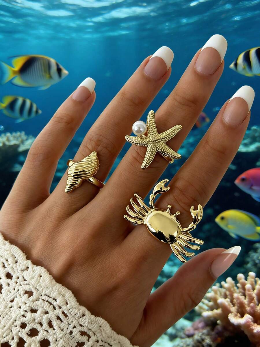 3pcs Ocean Style Faux Pearl Starfish Scallop Ring Set, Creative Mini Crab Stackable Rings For Women - Gold - View 1
