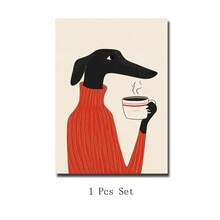 Set Of 1 Retro Coffee Shop Art - Whimsical Dog In Red Sweater Poster, Cozy Vintage Wall Decor For Kitchen, Home Cafe & Living Room| Frameless - A - View 2