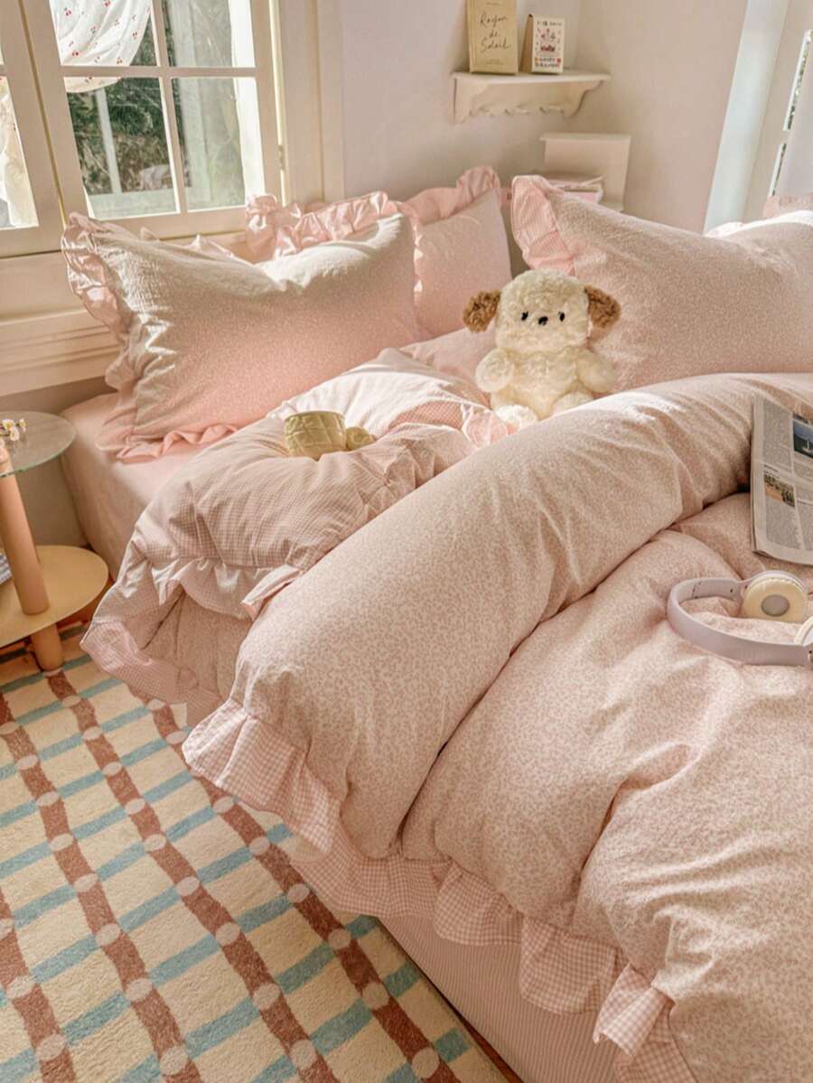 3pcs 100% Polyester 2026 New Romantic Floral Ruffled Duvet Cover Set, Includes 2 Ruffled Pillowcases + 1 Ruffled Duvet Cover (No Bed Sheet)