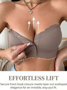 Women's Front Closure Bra, Strapless Bra, Seamless Top, Sexy Wireless Bra, Removable Padding, Adjustable Basic Tube Top Bra, Non-Slip Silicone Soft Fabric Bra, Comfortable Padded Camisole With Wavy Hem, Perfect For Strapless Dresses, Front Closure Bra - 咖啡棕 - 查看 1