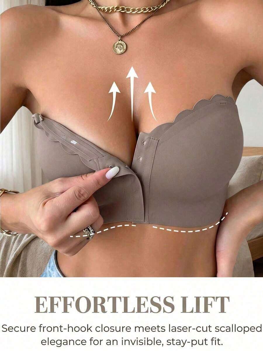 Women's Front Closure Bra, Strapless Bra, Seamless Top, Sexy Wireless Bra, Removable Padding, Adjustable Basic Tube Top Bra, Non-Slip Silicone Soft Fabric Bra, Comfortable Padded Camisole With Wavy Hem, Perfect For Strapless Dresses, Front Closure Bra - 咖啡棕 - 查看 1
