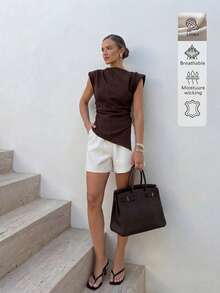 Elegant Linen Casual Romantic Charm Date Commute Daily Vacation Linen Cinched Waist Blouse, Summer Outfits, Going Out Tops For Women - Brown - View 4