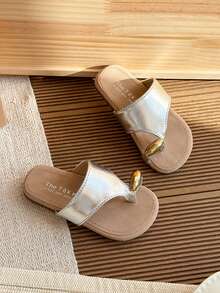Girls Korean Style Slip-On Ankle Strap Open Toe Summer Casual Sandals, Minimalist Design, Suitable For Beach Wear, Lazy And Casual Style - Silver - View 3