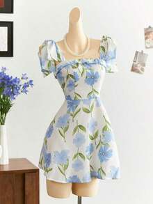 Vestido corto de línea A con estampado floral y cintura con lazada - Multicolor - Ver 1
