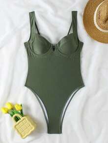 Traje de baño body elegante y sexy de cuello en V rojo, de llegada nueva primavera/verano de Polovedo, para playa, fiesta, cita, vacaciones - verde militar 2 - Ver 2