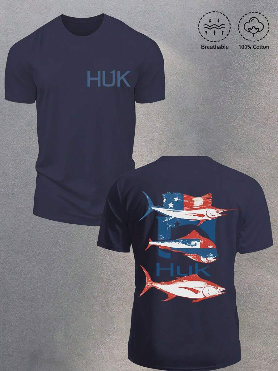 Huk Performance Fishing - American Flag & Game Fish "HUK" Patriotic Pattern Men's Loose Short-Sleeve 100% Cotton Spring/Summer T-Shirt, Y2K Street Retro Casual Outdoor Patriotic Aesthetic Loose 100% Cotton Pullover, Gift - 藏蓝色 - 查看 1
