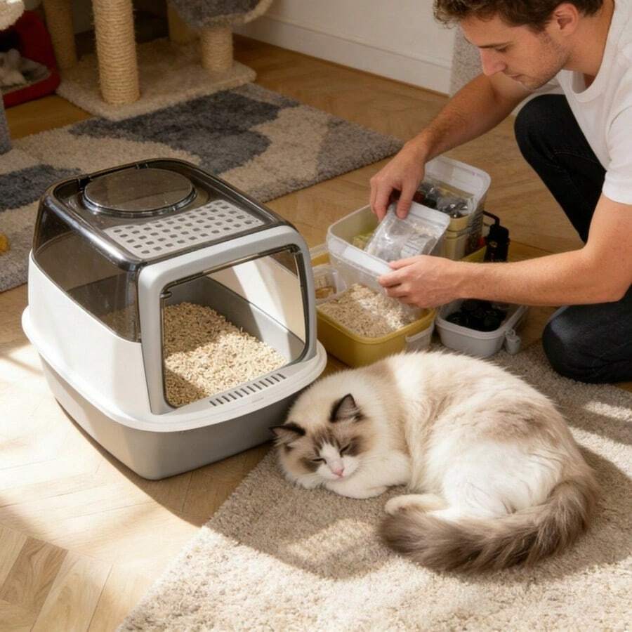 翻盖式封闭猫砂盆：多猫家庭的救星。采用翻盖式设计，双开口方便清洁。防溅设计有效防止猫砂溢出，显著提升养猫体验。 - 52*38*36CM - 查看 1