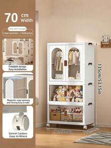 70CM/ 27.55in Clear Door Foldable Wardrobe Storage Cabinet With Wheels, Stackable Multi-Tier Closet Organizer, Durable Clothes Storage Solution For Home & Dorm - White - View 3