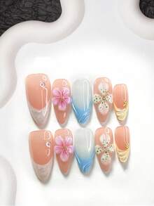 10片裝海灘風手工穿戴甲，Polygel美甲套組，3D浮雕波浪圖案，紫藍黃色系，夏季風格，含美甲工具，3種尺寸可選，杏仁/鴨嘴/棺材形，適合派對、跳舞、日常配戴 - 彩色 - 查看 20