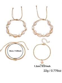Set de 4 piezas de tobilleras bohemias hechas a mano de múltiples capas tejidas, con decoración de estrellas de mar, estrellas y conchas, estilo playa de verano - Multicolor - Ver 4