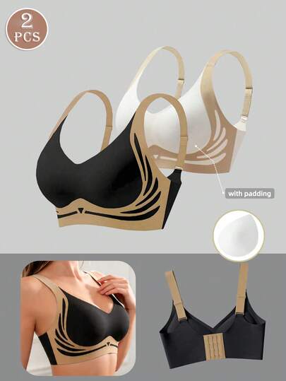 2pcs/Set Women Seamless Bras, Light Support Soft Cup Bras, Lightweight Shaping Bras, Sexy Lingerie Bras Suitable For Busty Women With Side Support & Adjustable