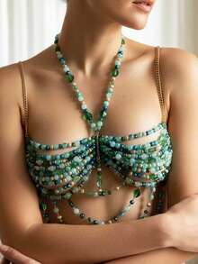 Sexy Green Beaded Crystal Embellished Sheer Cropped Top, Suitable For Beach, Bali Holiday, Party, Sexy Top, Embellished Top, Beaded Top, Vacation Women, Summer, Beach For Woman, Sequin Top, Green Top - màu xanh lá - Xem 4