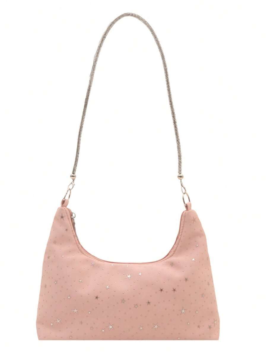 Pink Rhinestone Star & Crescent Bag, Sweet Girl Versatile Chain Underarm Shoulder Handbag
