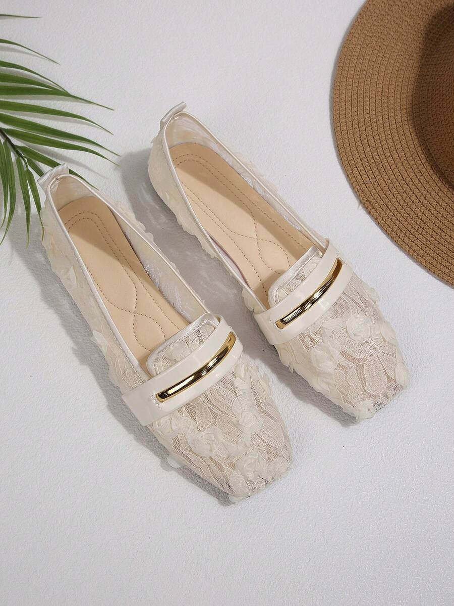 Women's Pink Lace Floral Square Toe Flat Shoes Breathable Mesh Loafers Spring Summer
