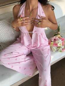 2 piezas Conjunto casual de vacaciones para mujer con top halter sin espalda y pantalones en color caqui tejido - Multicolor - Ver 3