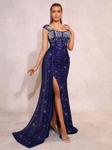 Nuevo vestido elegante con escote cuadrado, abertura, cremallera, encaje y detalles de perlas y brillo, adecuado para fiestas, bodas y ocasiones formales - azul real - Ver 5