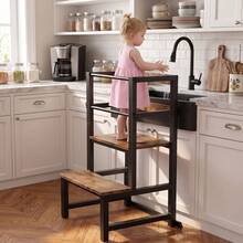 Toddler Kitchen Step Stool, Adjustable Height Learning Tower With Rail, Steel & Wood Kitchen Stool For Kids, Toddler Helper Stool For Kitchen, Non-Slip Toddler Tower - 咖啡棕 - 查看 2