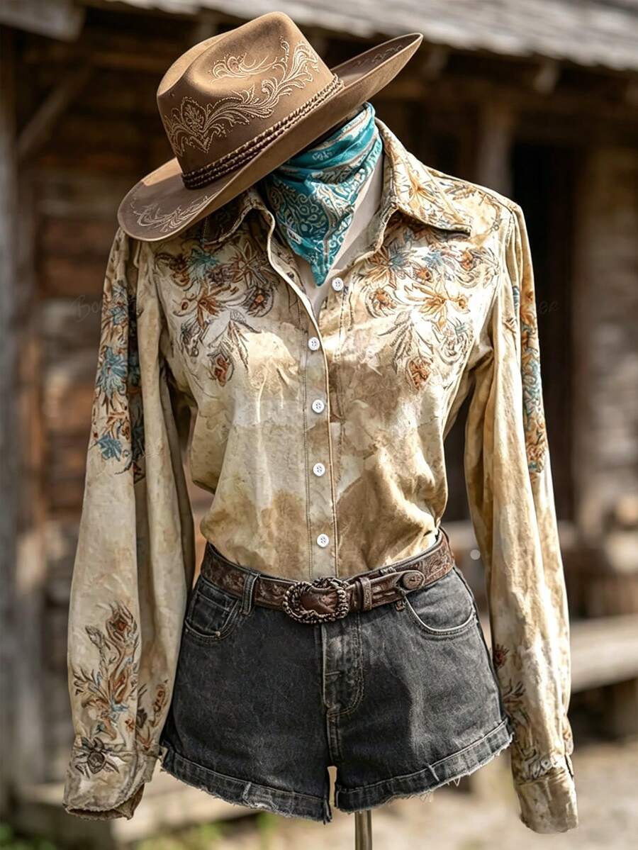 Women's All-Season Western Cowboy Style Vintage Bohemian Gradient Print Shirt, Cowgirl Vintage Botanical Print Top, Earth Tone Tie Dye Retro Long Sleeve Blouse, Lapel Single-Breasted Design, Perfect For Ranch Outings, Country Vacations, Western Music Festivals, Daily Commute, Theme Parties - Apricot - View 1