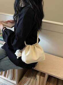 1件奶油色抽繩斜挎包，裝飾毛絨球，柔軟PU材質，休閒極簡風，適合女性日常與旅行 - 米色 - 查看 1