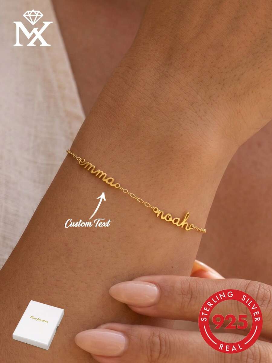 A 925 Silver Fashion Simple Customized Bracelet With Two English Names, Ladies Couple Jewelry, Classic And Timeless. Simple And Beautiful, Unique Design, It Is A Versatile Daily Accessory, Can Be Worn In Spring, Summer, Fall And Winter, It Is A Surprise Gift For Your Mom, Friends And Family At Christmas, Mother's Day, Thanksgiving, Birthdays And Family Gatherings - Yellow Gold - View 1
